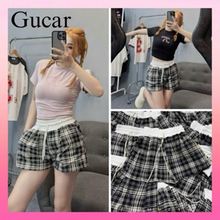 Quần short đùi nữ kẻ caro  cạp cao lưng chun phối màu chất liệu cao cấp-GUCAR