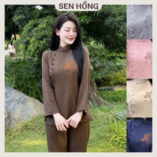 Bộ Quần Áo Phật tử vải đũi Nhật thêu - cổ tàu cao truyền thống, áo lam đi chùa nữ G53
