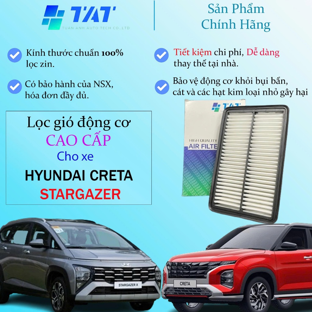 Lọc gió động cơ Hyundai Creta ,Hyundai stargazer Cao Cấp | TAT FILTER | Mã sản phẩm: 28113-i7100