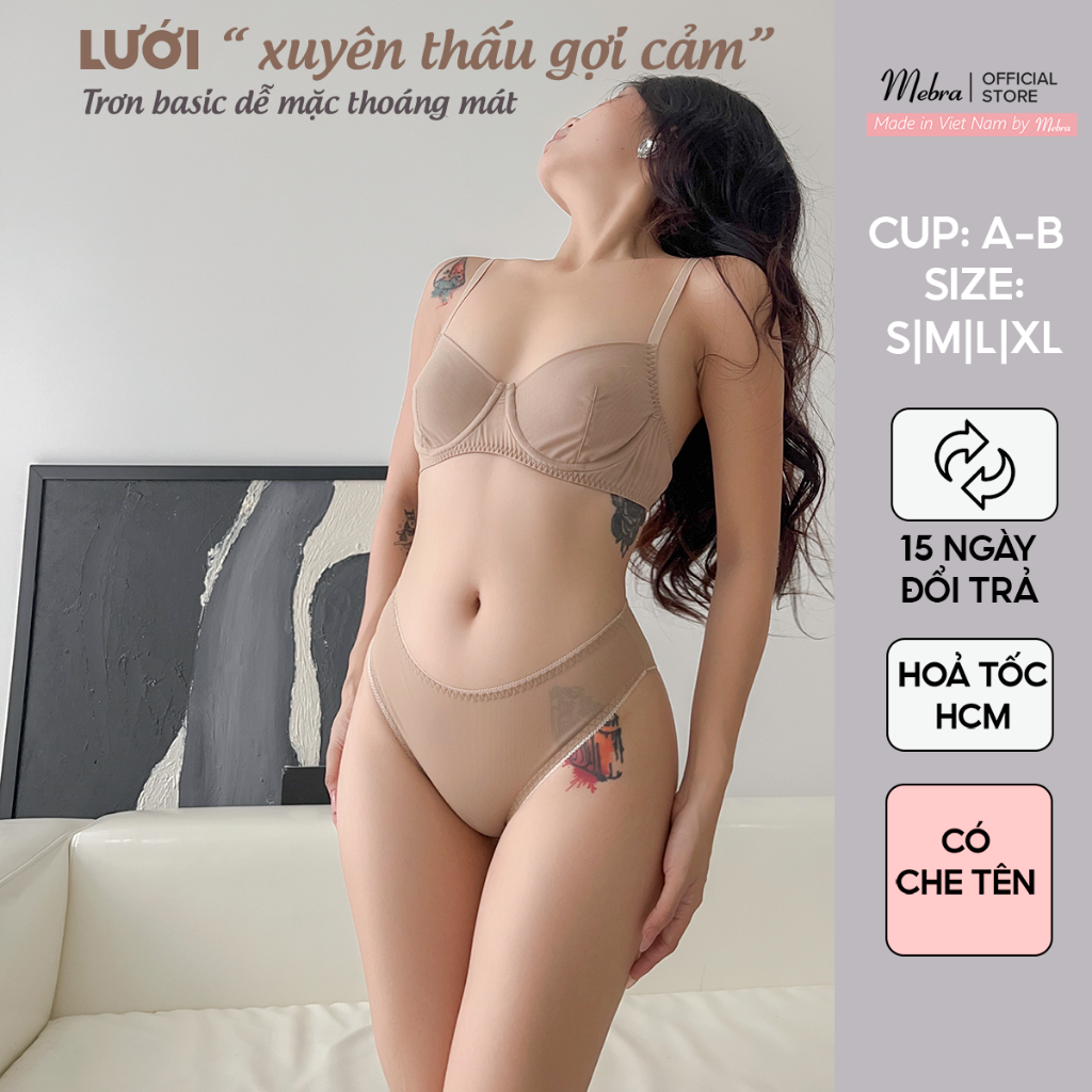 Bộ đồ lót lưới xuyên thấu có gọng không đệm mút quần tam giác gợi cảm màu nude đậm cao cấp Mebra | BigBuy360 - bigbuy360.vn