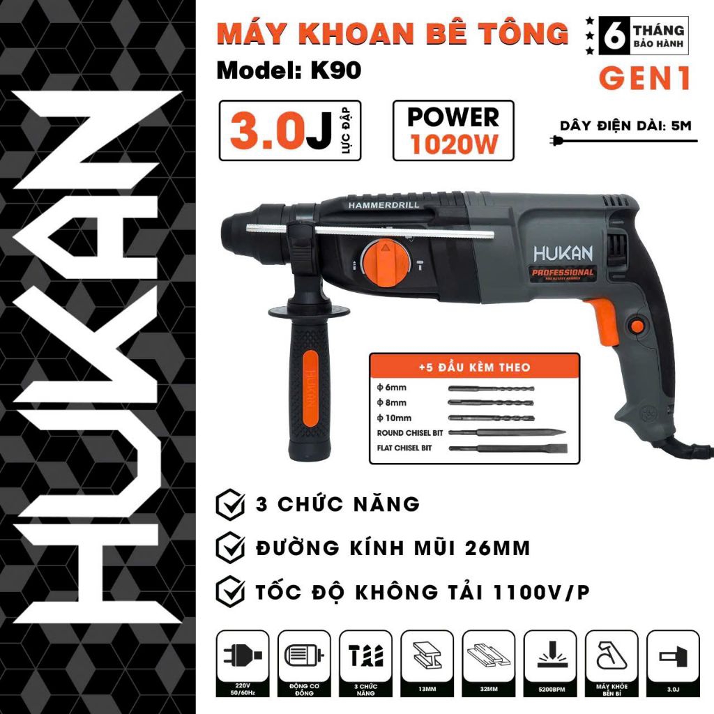  Máy khoan đục bê tông HUKAN K90 3 Chức năng Công suất 1020W Tặng Bộ 5 Mũi khoan và Đục 