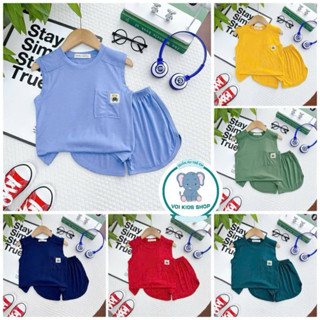 [9-27kg] Bộ sát nách phối túi kiểu vải thun lạnh (0-6 tuổi) in hình gấu siêu cưng cho bé trai