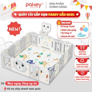 Quây Gấp Gọn Pakey Gấu NC01 Hàn Quốc New, Quây Cũi Nhựa TẶNG BÓNG+ THẢM+SET BÓNG RỔ+NÉM VÒNG Dày Dặn An Toàn Cho Bé