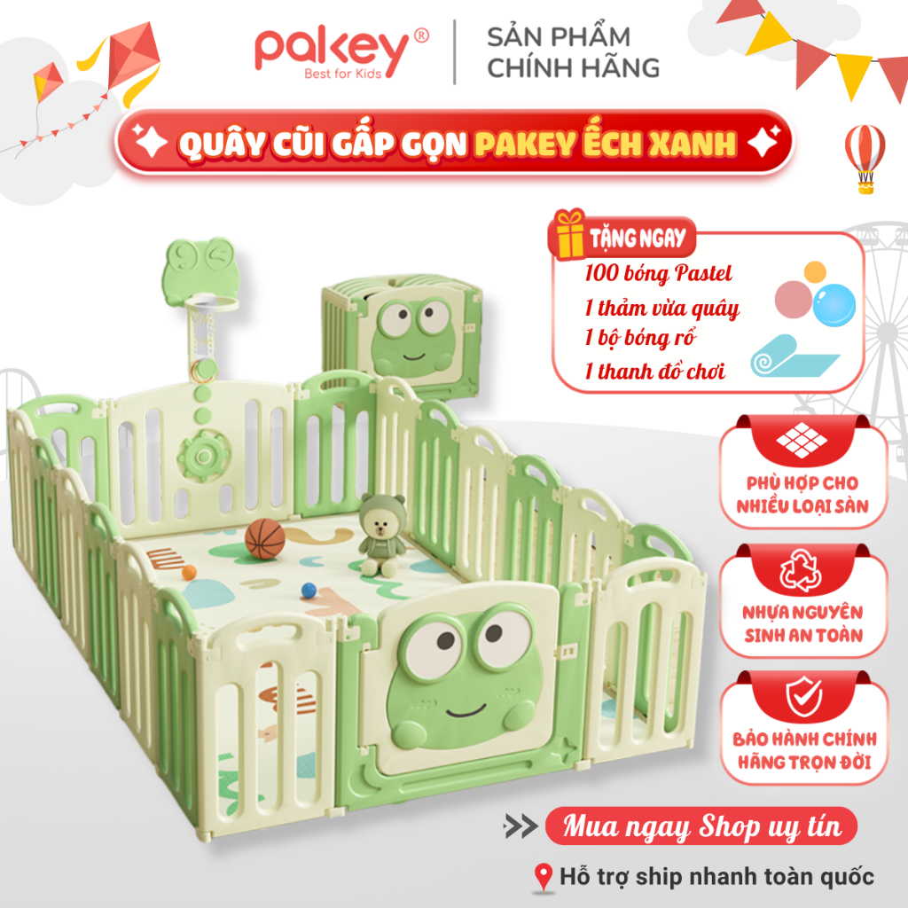 Quây Gấp Gọn Pakey Ếch Xanh Cao Cấp New 2026, Quây Cũi Cho Bé TẶNG 100 BÓNG +THẢM+ TRỤ BÓNG RỔ Siêu 