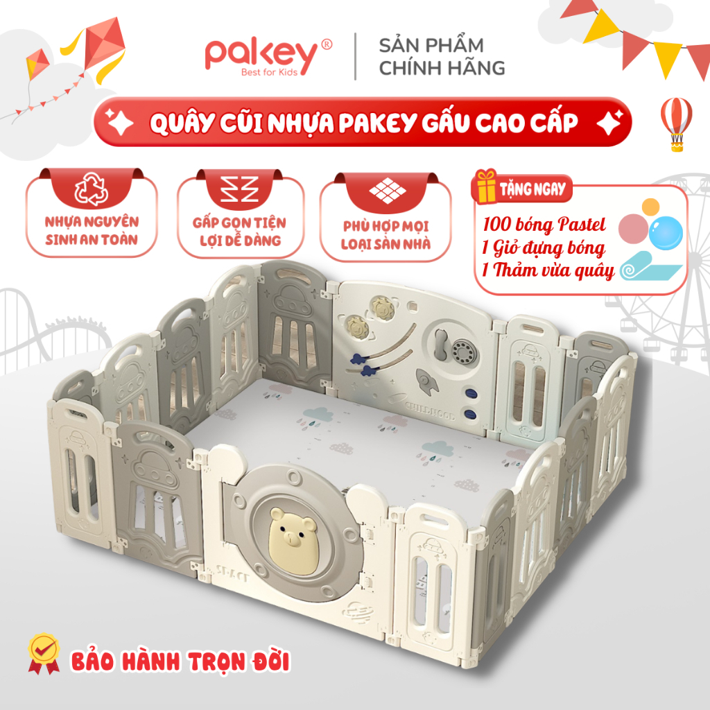 Quây cũi nhựa gấp gọn Pakey Gấu mới nhất 2026, Tặng kèm 100 BÓNG + THẢM 2 MẶT + GIỎ ĐỰNG BÓNG, dày d