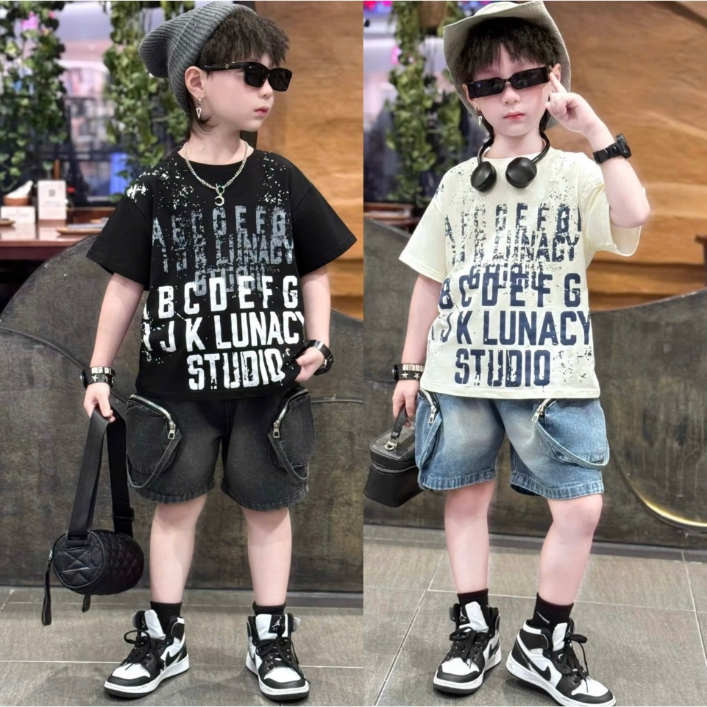 [Tiến Yến Kids] Set đồ bé trai form rộng chất ngầu – áo thun in chữ + quần jean túi hộp [12–45kg]