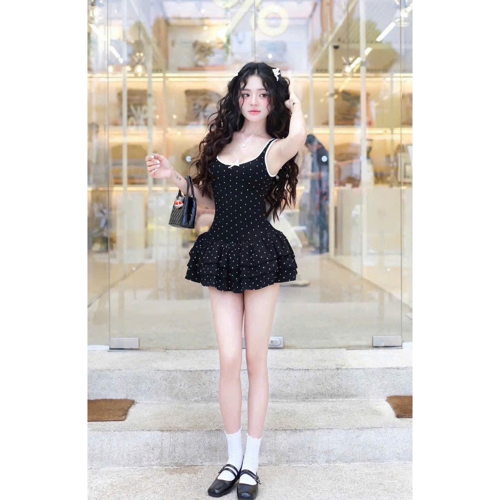 Đầm Body Nữ 2 Dây Bản To Phối Nơ Chấm Bi LONACO D199, Váy Nữ Thiết Kế Dáng Ngắn Xòe Trẻ Trung Năng Động Thời Trang | BigBuy360 - bigbuy360.vn