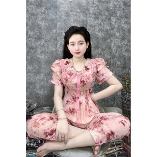  Đồ Bộ DÀI áo dập ly Lụa Mango cổ lượn sóng tay nhún đủ 4 size từ 40-76kg 