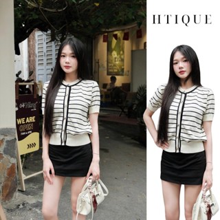 (BST hè HTIQUE) DEAL mở bán Áo len kẻ ngang cúc nơ siêu sang chảnh, Áo len nhẹ nhàng nữ tính HT21