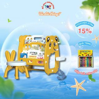 Bàn học đa năng 3in1 kèm ghế, bàn học, bảng vẽ, giá sách gấu trúc dành cho bé 1 tuổi Kidstoy
