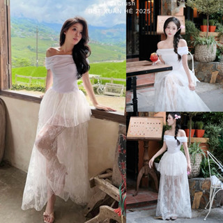 [Serena Dress] Váy trễ vai thun lạnh phối ren dài nàng thơ công chúa dịu dàng đi tiệc, chụp ảnh, đi biển lalacrush