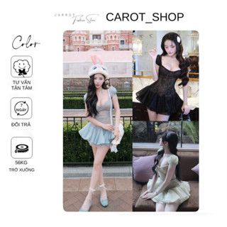 VN01 “ QC LƯỚI DA “ Đầm xoè ngắn tùng xoè phối lưới đính nơ tay + nơ ngực KÈM QUẦN dáng hotgirl HÀNG 3 LỚP by CarrotShop