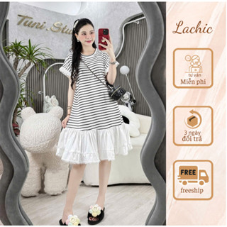  Đầm Suông Kẻ Sọc Phối Tầng Ren xinh xắn .Thiết kế Lachic V88 