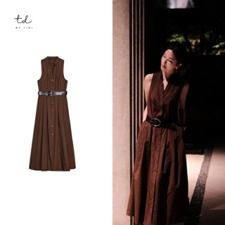 Váy đầm nữ Zara dáng dài sang chảnh sát nách cổ trụ dáng suông kèm belt màu nâu basic tôn da BTD355