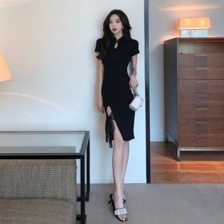 Sườn Xám Vải Đen Co Dãn Kiểu Cột Nơ Vải Đẹp 40-60 Kg