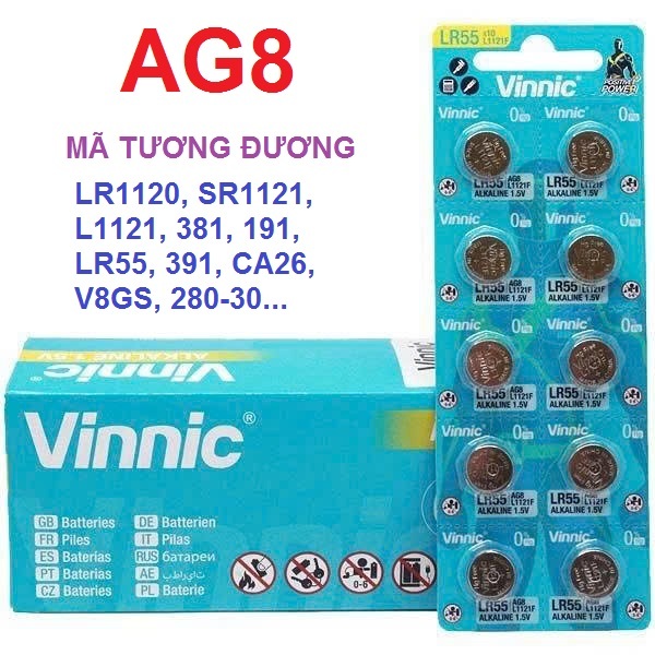 Vỉ 10 Pin cúc áo VINNIC AG8 / L1121F / LR1120 / L1121/ 391 CHÍNH HÃNG cho đồng hồ đeo tay thiết bị đ