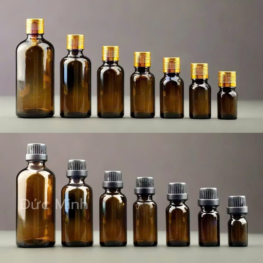 Combo 100 Vỏ Lọ đựng tinh dầu chai thủy tinh Nâu + nắp vặn + nhỏ giọt 10ml 20ml 30ml  50ml 100ml