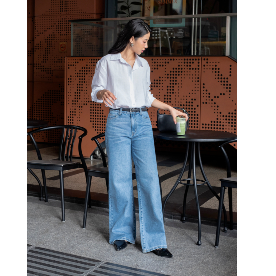 HASHTAGEM - Quần Mist Blue Urban Wide-leg Jeans HWJ.1 Ống Rộng Cạp Trễ Form Quốc Tế, Xanh Nhạt Wash
