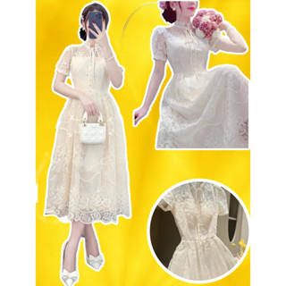 Đầm váy midi trắng tiểu thư ren thêu hoa sang chảnh bigsize cổ tàu đính ngọc tay ngắn xoè dài dự tiệc cưới MORI