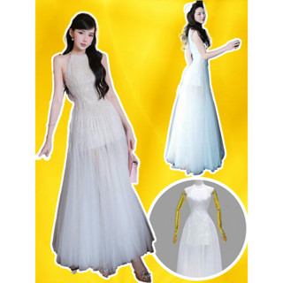 Đầm váy maxi trắng tiểu thư cổ yếm ren hoa lông + lưới 3 lớp bigsize váy công chúa dự tiệc cưới sang chảnh KICHI