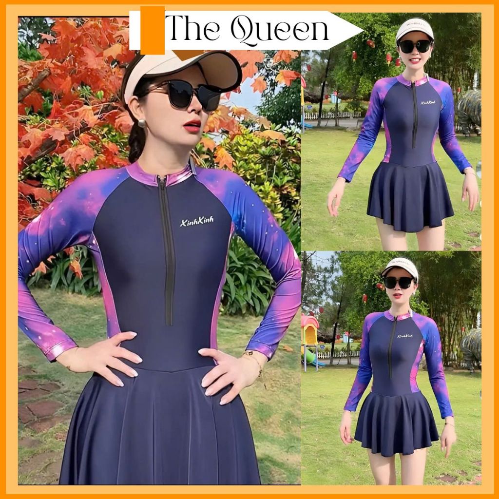 Đồ bơi liền thân nữ Bikini một mảnh kín đáo dạng váy đi biển áo tắm khóa zip tay ngắn & dài size S - 2XL The Queen 082 | BigBuy360 - bigbuy360.vn