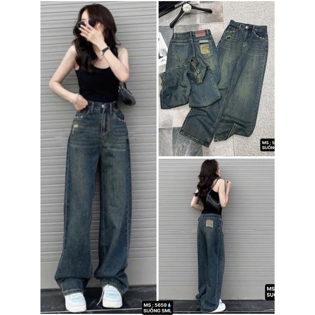 AN JEAN Quần Jean Ống Suông Lưng Cao Rách Nhẹ Form Rộng Cá Tính