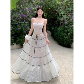 Chân váy maxi ren dài trắng xoè tầng – Váy công chúa dáng dài nhẹ nhàng nữ tính, mặc đi chơi, đi biển [ E_CV07 ]