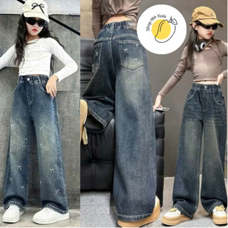  Mẫu mới 2025 - QUẦN JEAN DÀI SUÔNG A thêu Nơ bé gái  15-55kg  