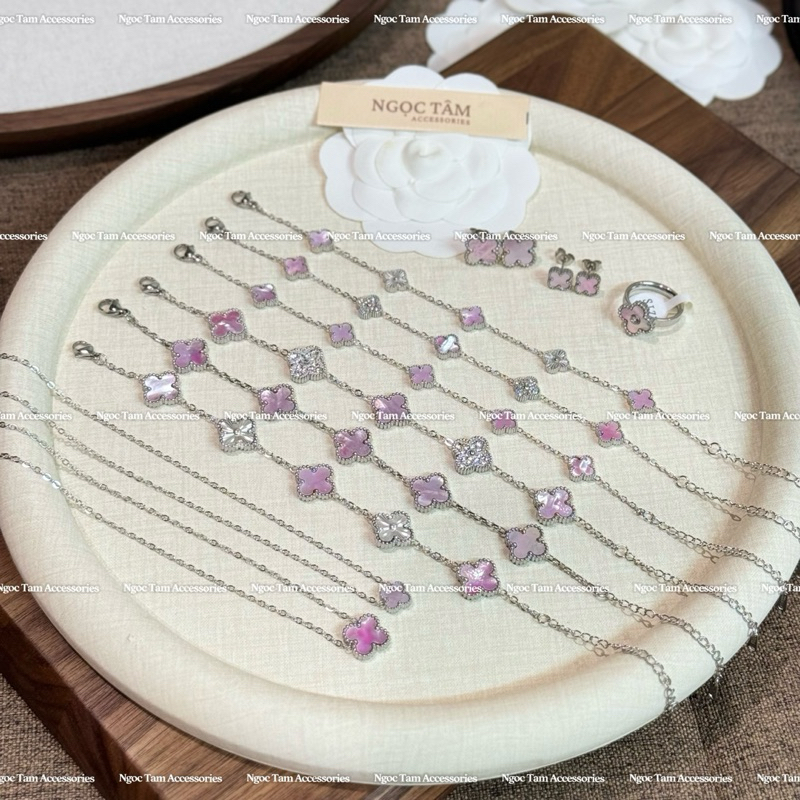 Bộ 3 món vòng cổ nữ bốn lá, Vòng tay cỏ 4 lá không han gỉ, khuyên tai HỒNG XÀCỪ