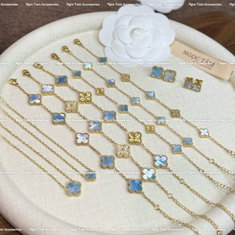 Bộ 3 món vòng cổ nữ bốn lá, Vòng tay cỏ 4 lá không han gỉ, khuyên tai XANH XÀCỪ