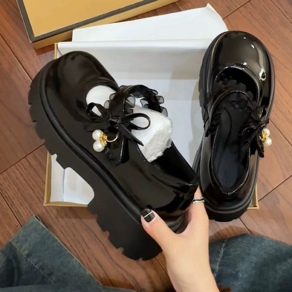 Giày búp bê lolita nữ đế cao 4-5cm quai dán 2 Ngọc cheo phối REN siêu hot