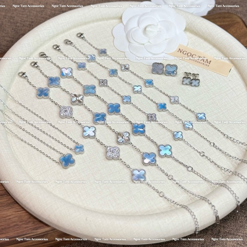 Bộ 3 món vòng cổ nữ bốn lá, Vòng tay cỏ 4 lá không han gỉ, khuyên tai XANH XÀCỪ