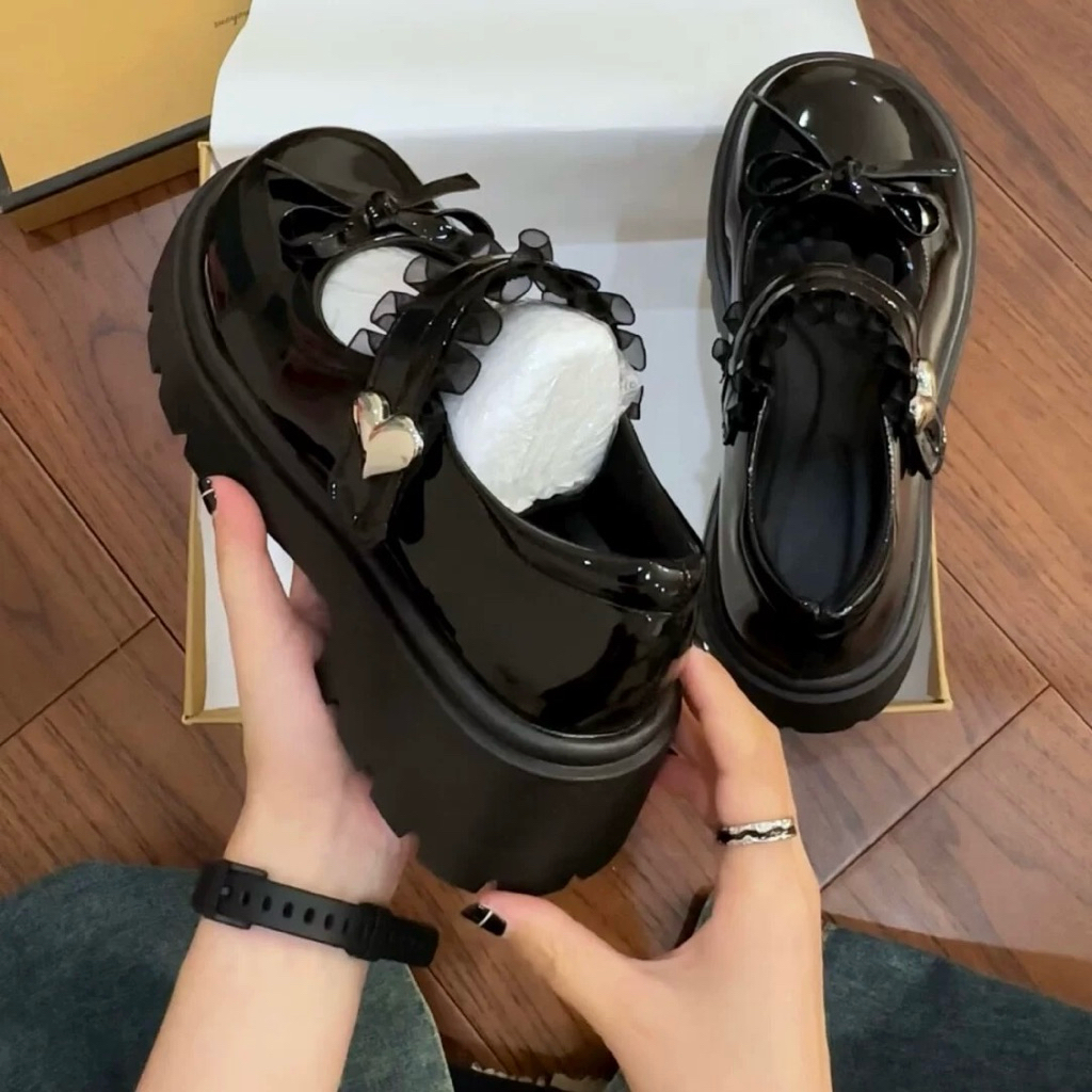  Giày búp bê lolita nữ đế cao 4-5cm quai dán phối REN Hình Trái Tim siêu hot  FORM TO CHÂN GÀY MỎNG ĐẶT LÙI 1SZ  