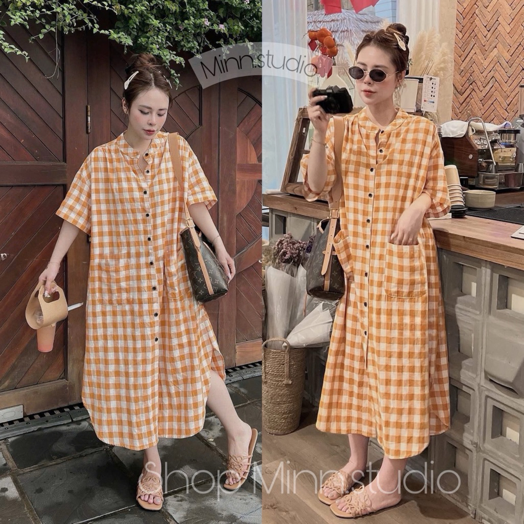 [Minn.studio] Phom Rộng- Váy Kẻ Caro 2Túi Phom Thụng chất đũi mềm