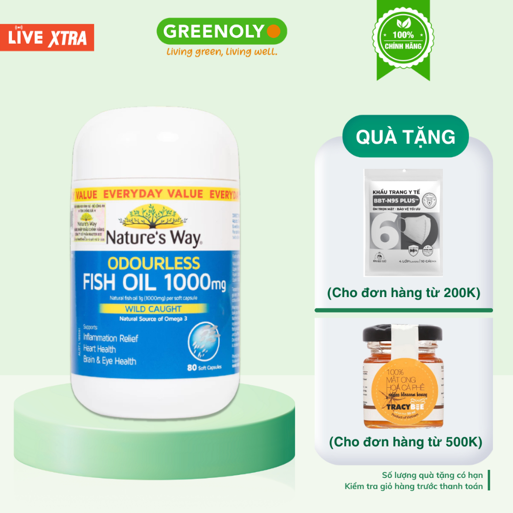 Viên Uống Dầu Cá Không Mùi Nature's Way Odourless Fish Oil 1000mg 80 Viên