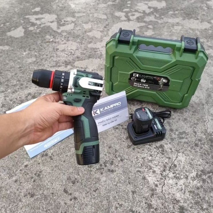 Máy khoan vít Kampro 7038 xanh oliu,xanh quân đội, Máy khoan 10ly 16.8v