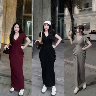  Đầm Body Dáng Dài Xẻ Tà Thun Ladong Cổ Tim Tay Ngắn Nhún Hông Tự Nhiên Xinh Xắn Dễ Thương Đầm Đi Tiệc Đi Chơi Thanh Lịch 