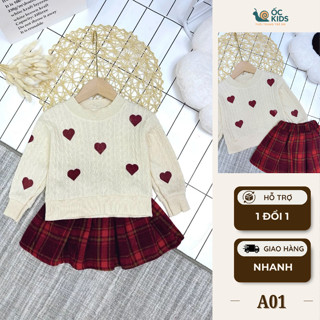 Bộ váy áo vải len mềm mịn có hình trái tim dễ thương cho bé gái phối cùng chân váy vải dạ size 8-30kg ( A01 )