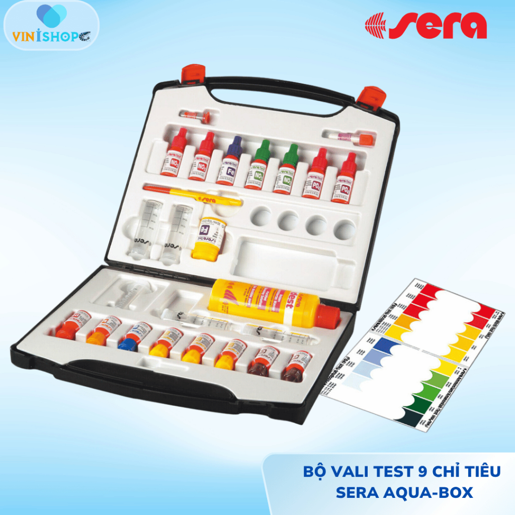 Bộ vali test Sera, bộ test nước 9 chỉ tiêu Sera Aqua Box, test nước ao nuôi cá, tôm, bể thủy sinh