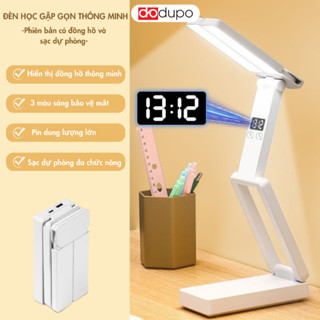 Đèn học để bàn DODUPO ,bảo vệ mắt tích điện gấp gọn có đồng hồ LED 3 màu sáng cao cấp
