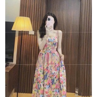 Đầm voan hoa thời trang nữ mặc đi dạ hội 2 dây có mút ngực nhún chạy mocking ôm eo dễ thương