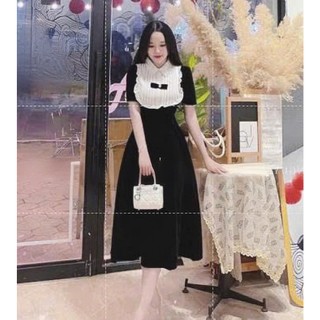 Đầm nữ thời trang mặc đi chơi chất nhung cứng loại 1 cổ tròn phối voan ngực đính nơ tay ngắn váy xoè xếp ly như hình
