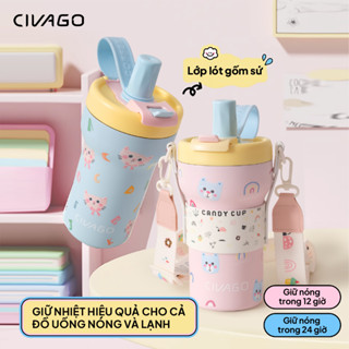 CIVAGO (22OZ) Cốc Giữ Nhiệt Có Ống Hút Lót Gốm Bình Nước Giữ Nhiệt Có Quai Đeo Cute 650ml