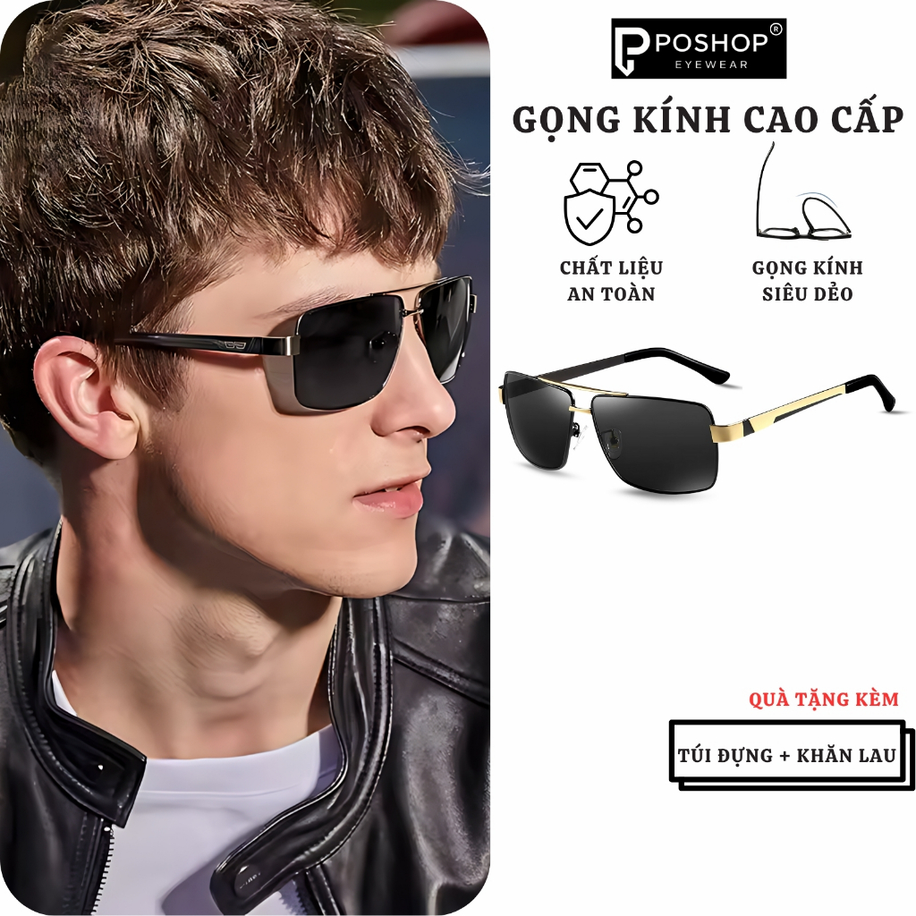 Kính Mát Nam Vuông POSHOP 8712 kính râm gọng kim loại mắt phân cực chống chói lái xe ngày đêm uv400