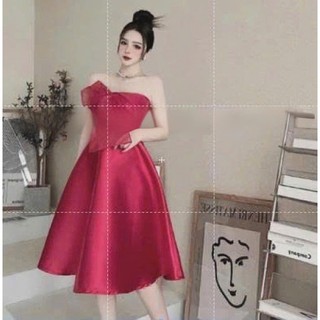 Đầm nữ thời trang mặc đi tiệc chất Tapta trễ vai ôm ngực phối nơ to váy xoè có mút cao cấp