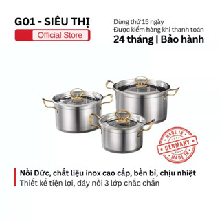 Bộ 3 nồi G01 3 đáy vung kính, nồi inox cao cấp chuyên dùng cho bếp từ bếp điện