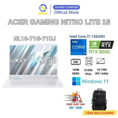 Laptop Acer Gaming Nitro Lite 16 NL16-71G-71UJ (Intel Core i7-13620H | RTX3050 | 16 inch FHD+ | 16GB | 512GB | Win 11)