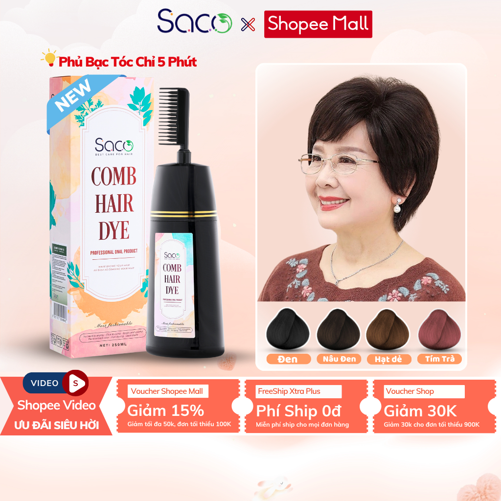 Dầu gội phủ bạc Saco nhuộm tóc thảo dược màu cơ bản, dạng lược thông minh tiện lợi chai 200ml
