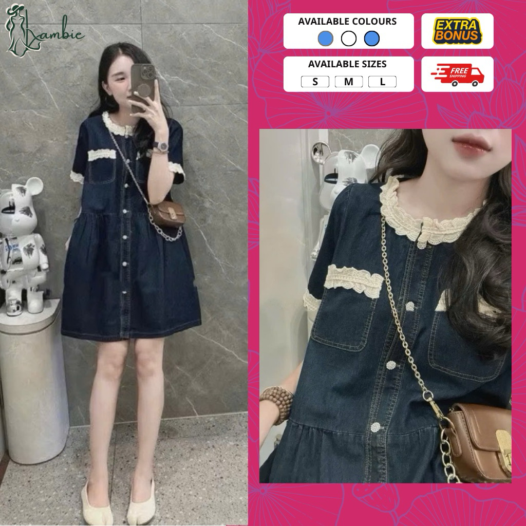 Váy bầu xinh, đầm bầu dự tiệc dáng babydoll cổ tàu cúc cài, phối viền ren thời trang sành điệu, vải bò xịn sò, cao cấp