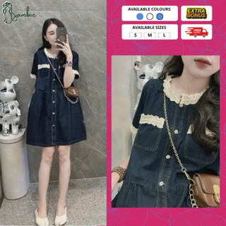 Váy bầu xinh, đầm bầu dự tiệc dáng babydoll cổ tàu cúc cài, phối viền ren thời trang sành điệu, vải bò xịn sò, cao cấp